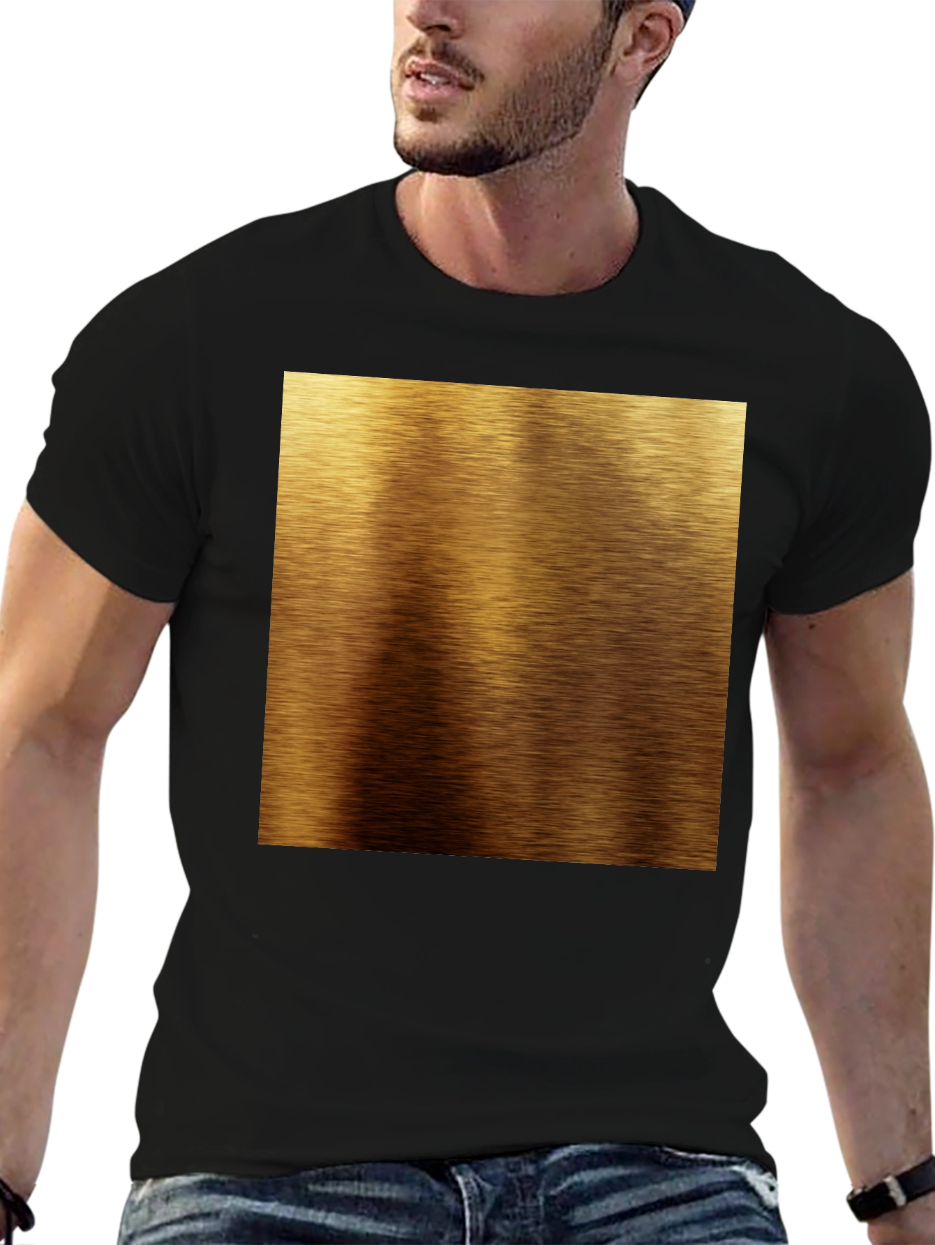 Gold Brushed Metal Texture Print Black T-Shirt