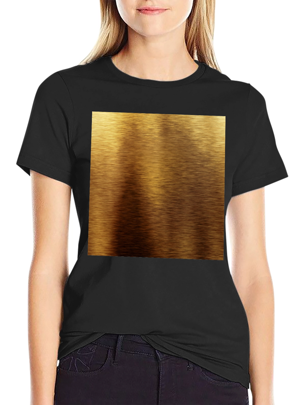 Gold Brushed Metal Texture Print Black T-Shirt