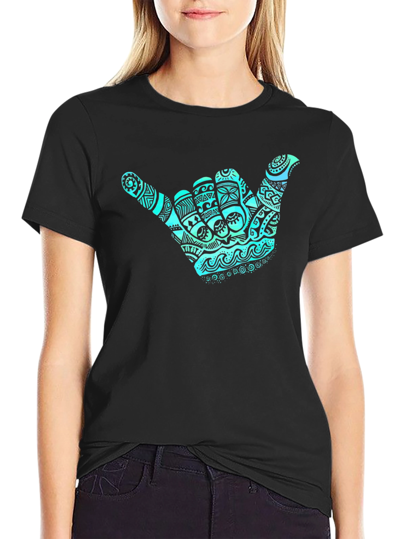 Shaka Hand Graphic Tee - Casual Black T-Shirt
