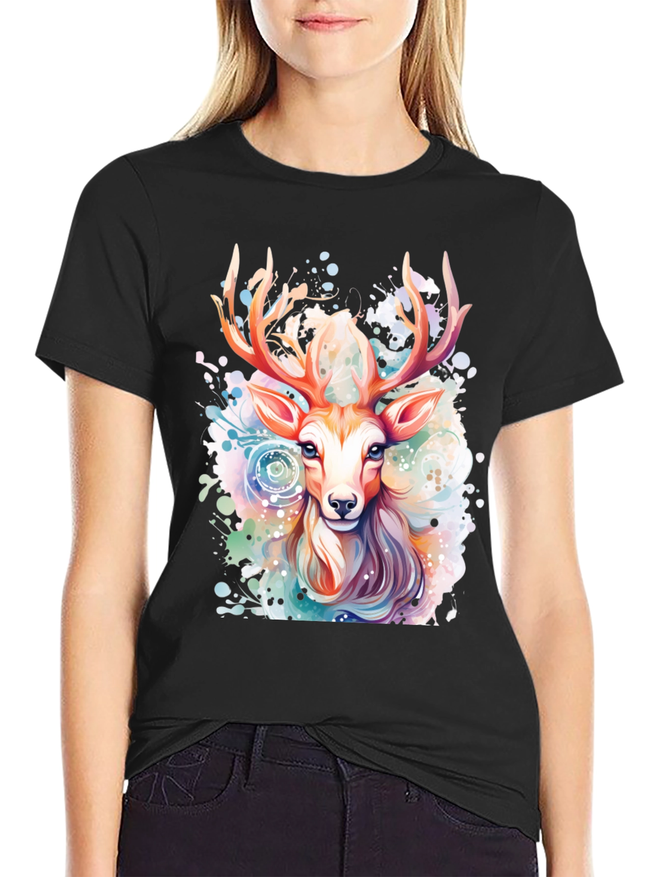 Watercolor Deer Graphic T-Shirt - Stylish Animal Print Tee