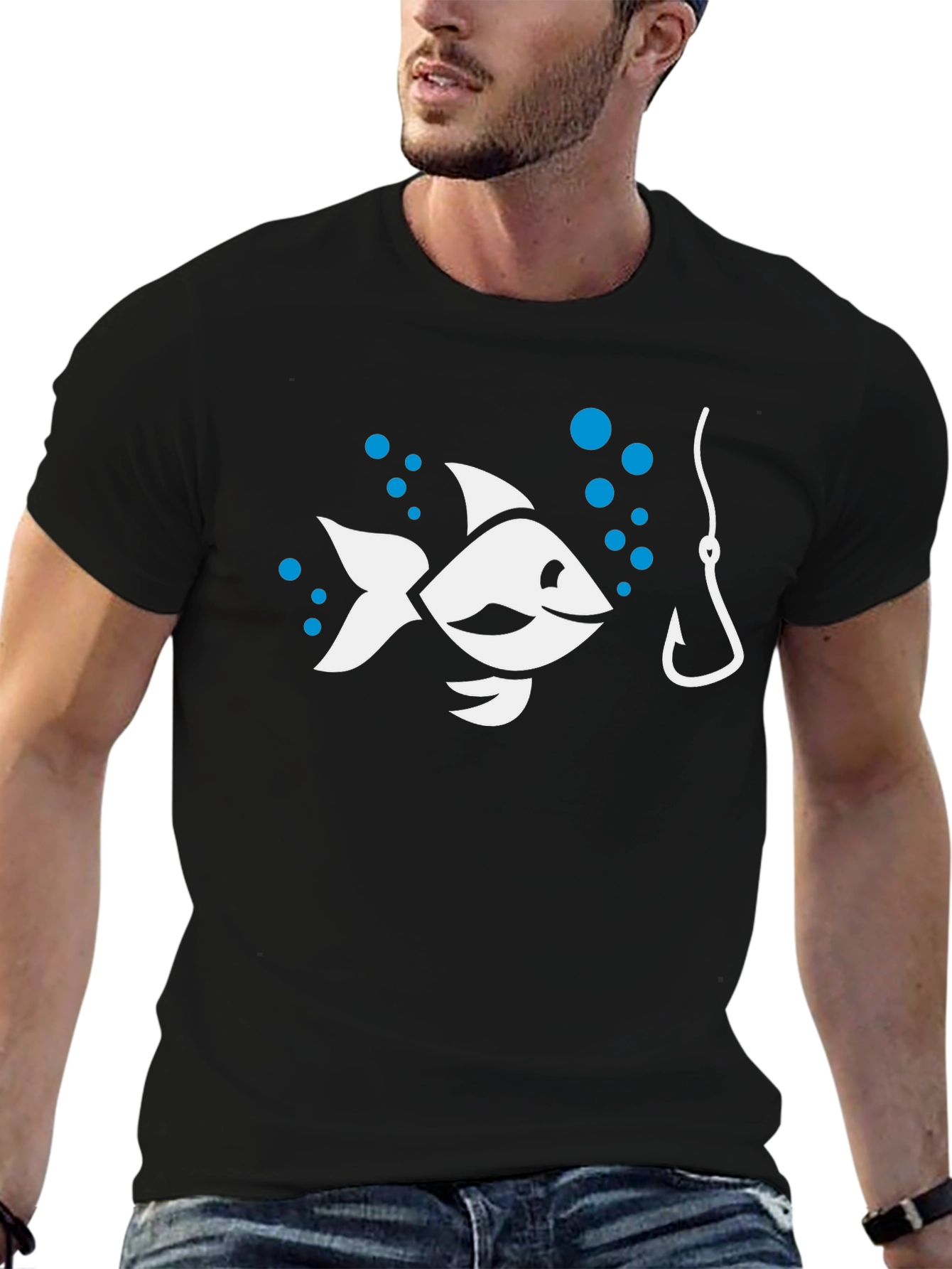 Funny Fishing Hook & Fish Graphic Tee - Black Cotton T-Shirt