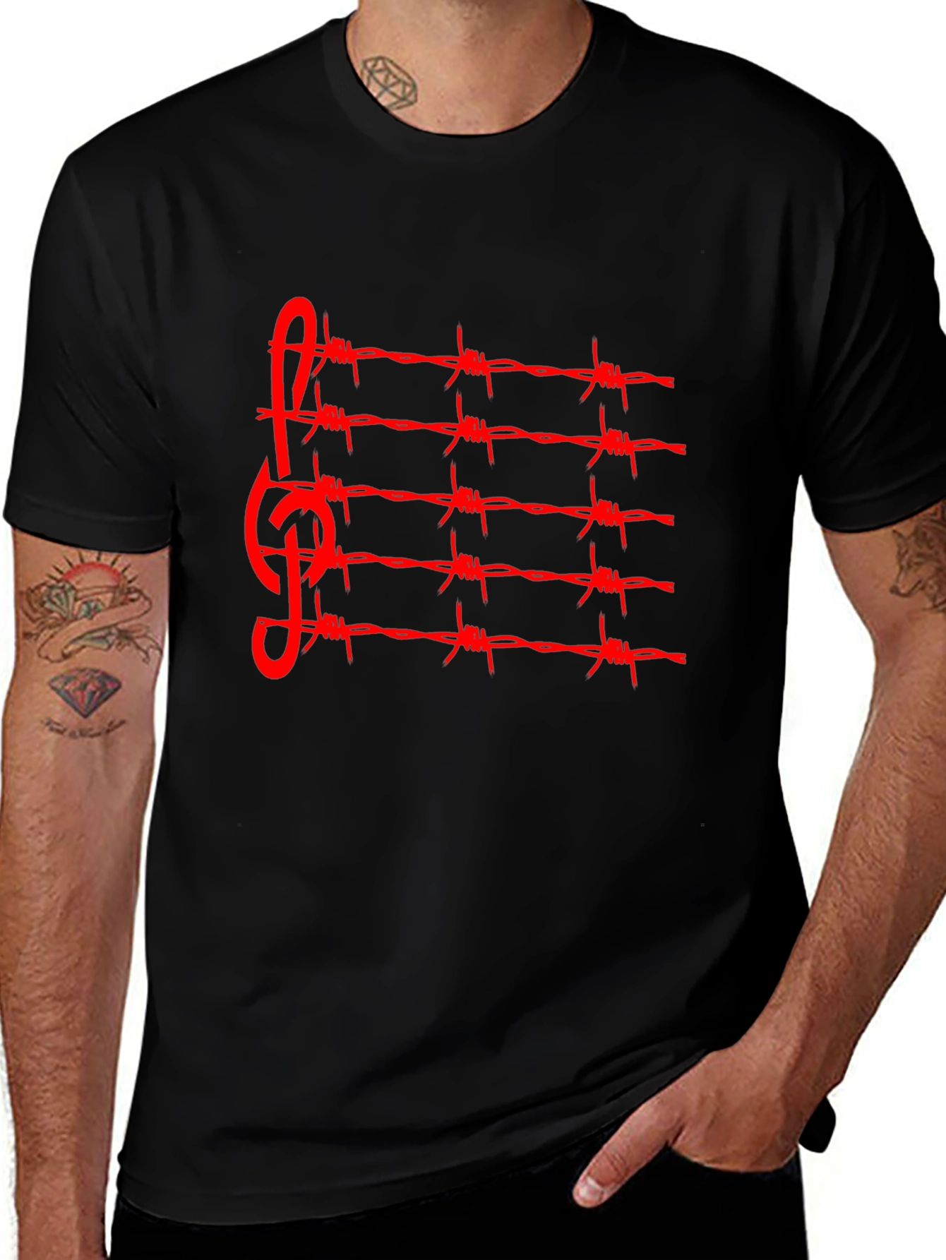 Barbed Wire Music Staff T-Shirt - Edgy Style
