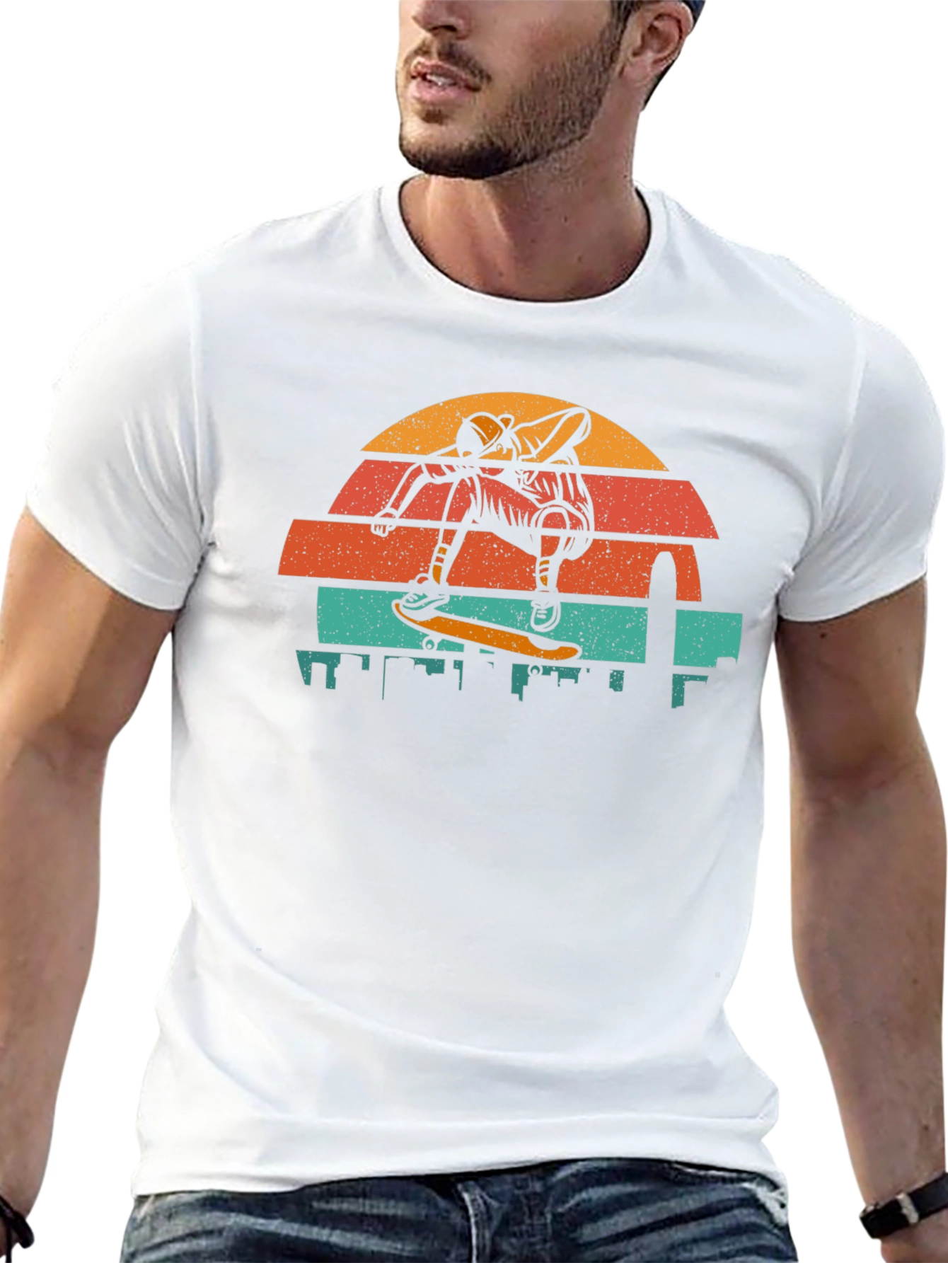 Retro Skateboarder T-Shirt - Cityscape Design