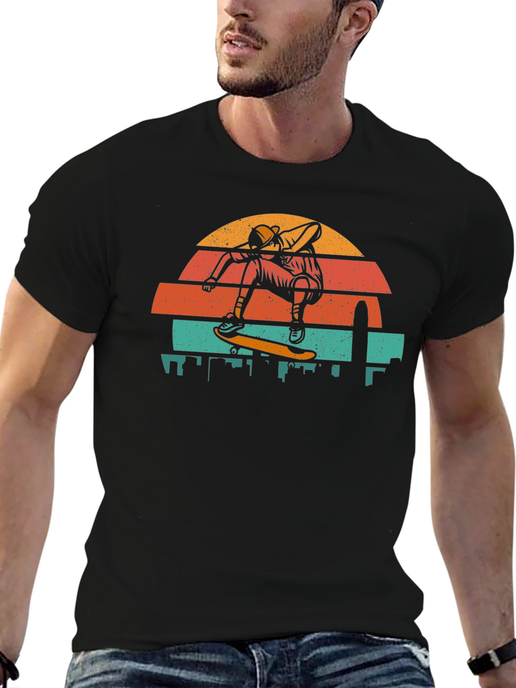 Retro Skateboarder T-Shirt - Cityscape Design