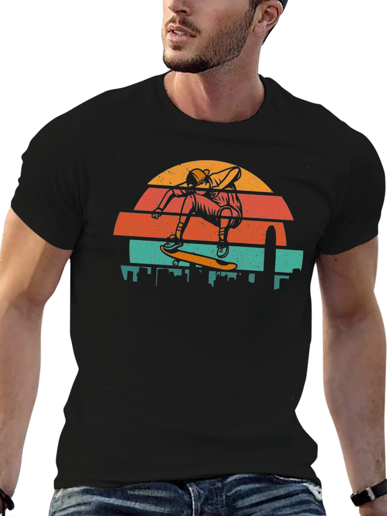 Retro Skateboarder T-Shirt - Cityscape Design