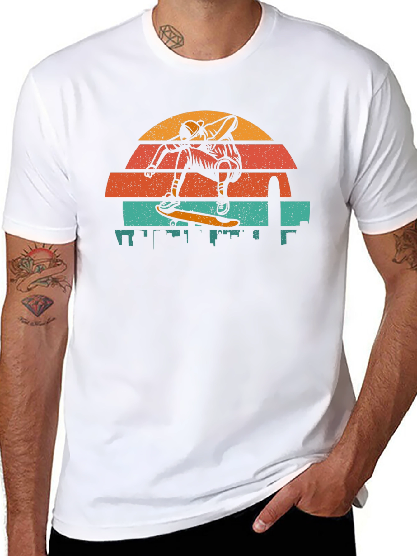 Retro Skateboarder T-Shirt - Cityscape Design