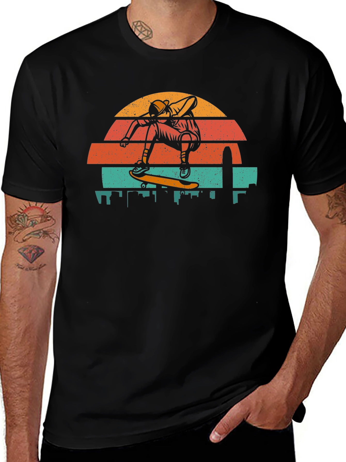 Retro Skateboarder T-Shirt - Cityscape Design