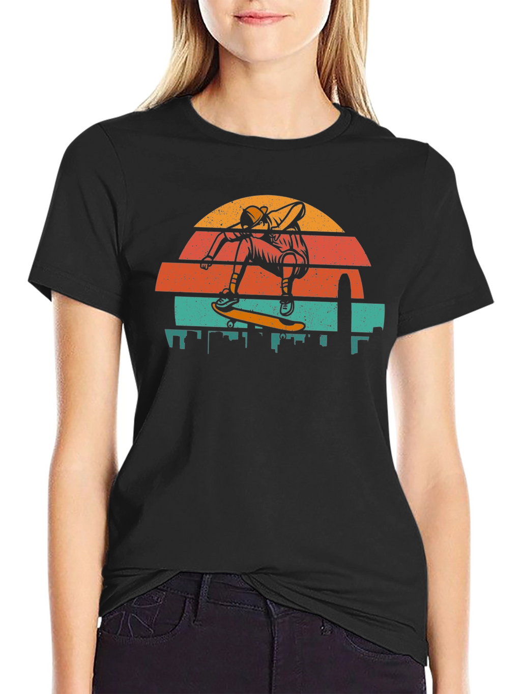 Retro Skateboarder T-Shirt - Cityscape Design