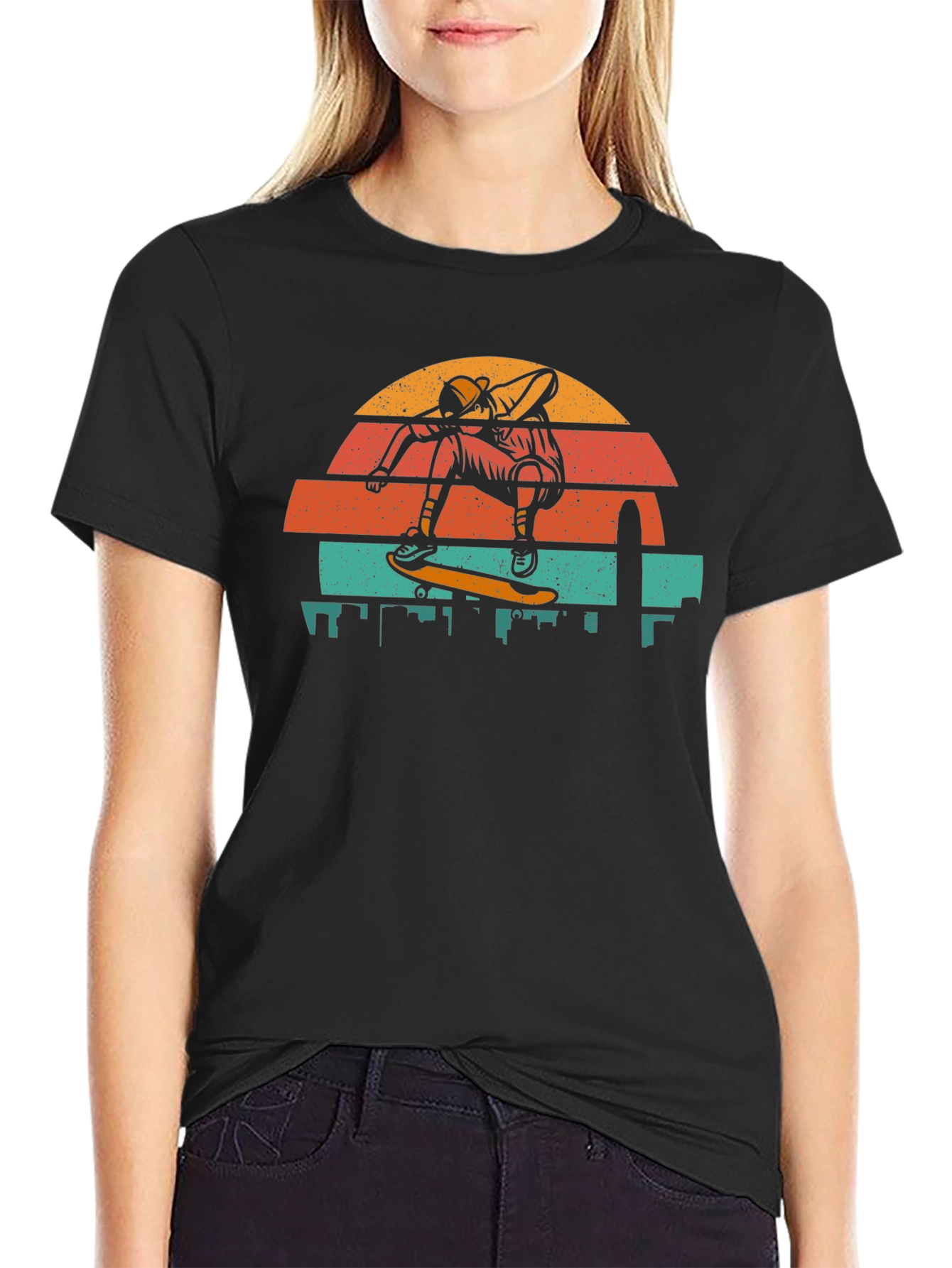 Retro Skateboarder T-Shirt - Cityscape Design