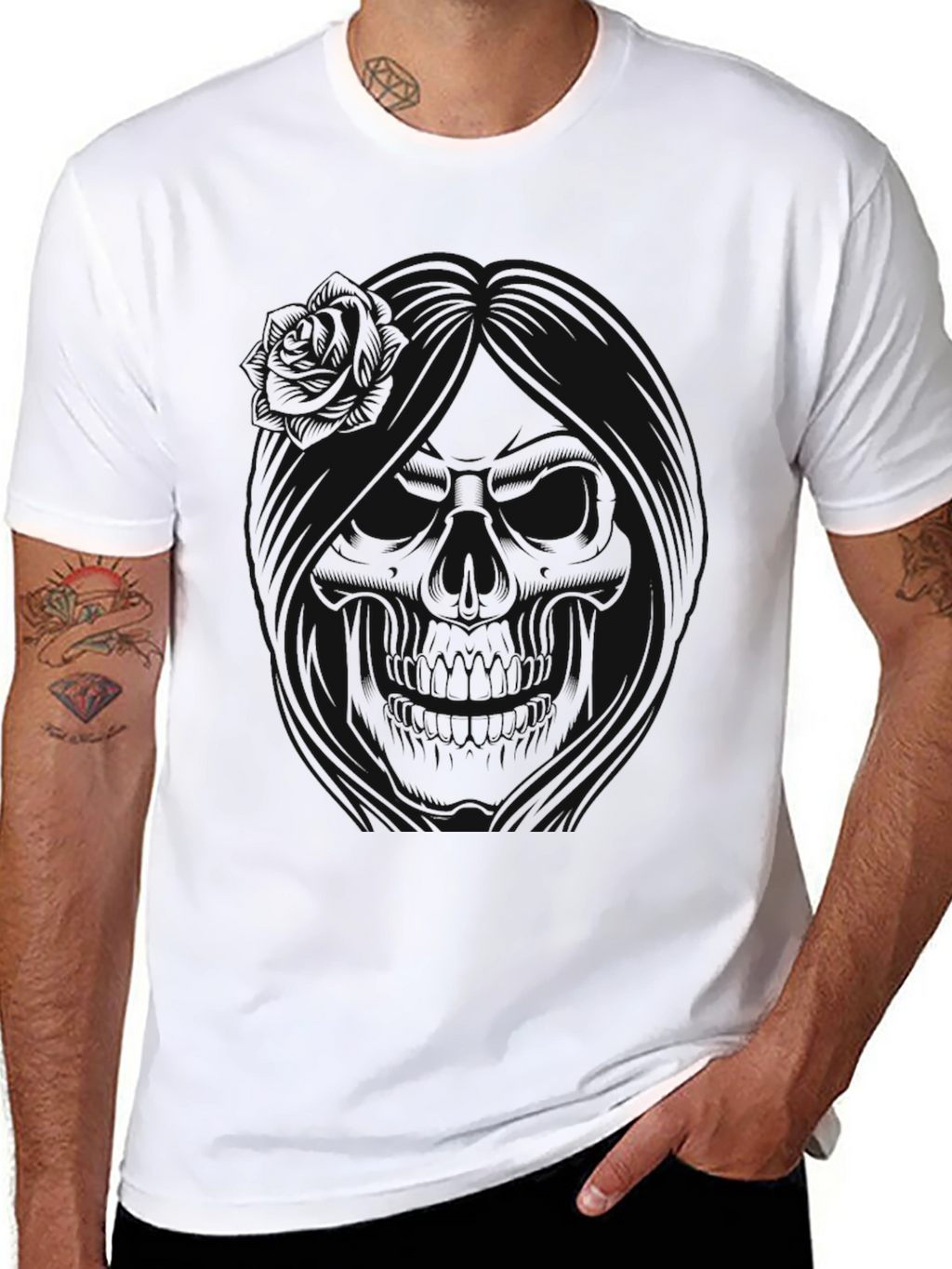 Dark Skull Rose Graphic T-Shirt - Stylish Mens Tee