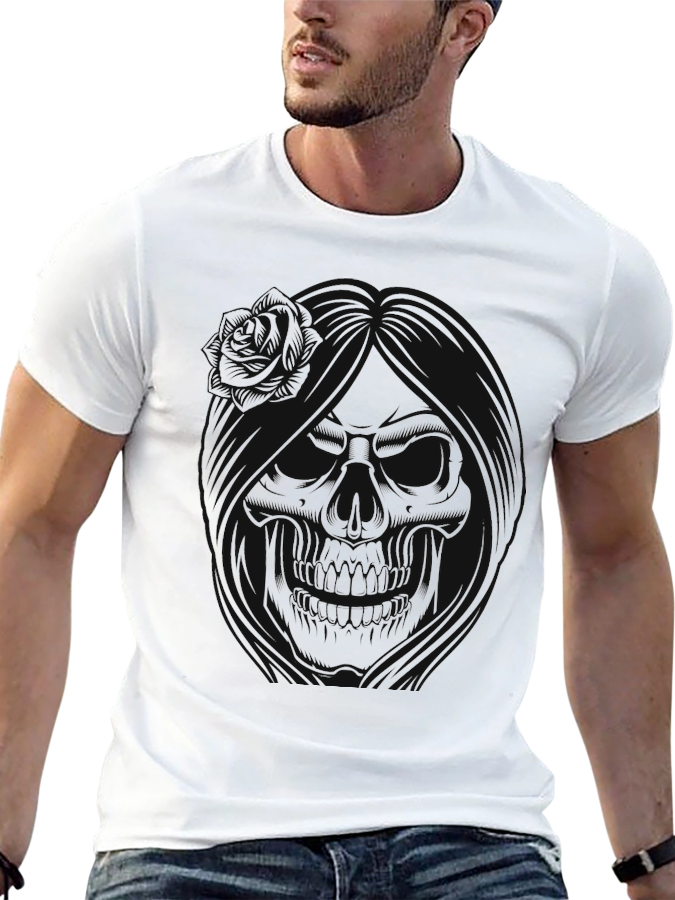 Dark Skull Rose Graphic T-Shirt - Stylish Mens Tee