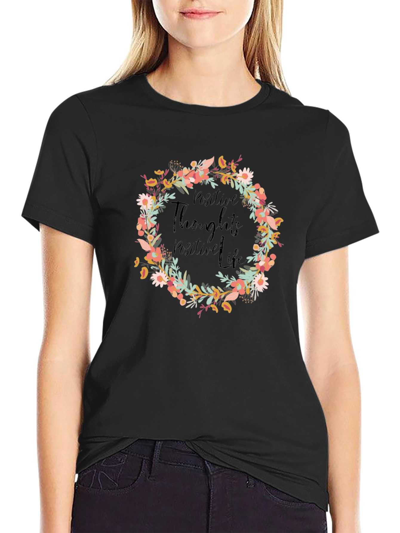 Positive Thoughts Floral Wreath Graphic Tee