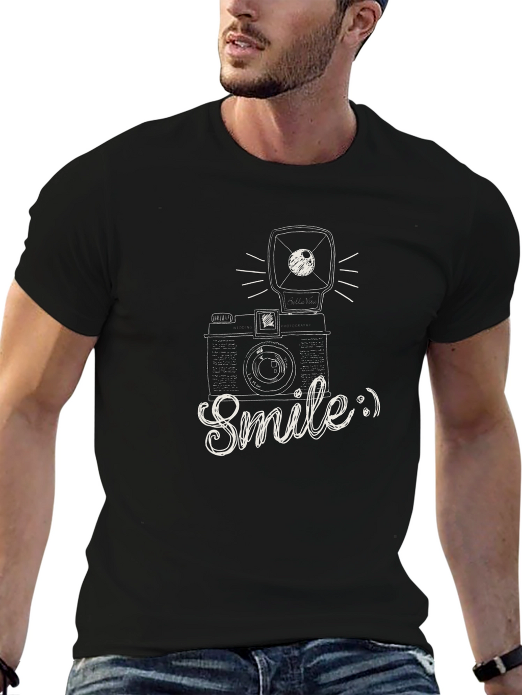 Smile Camera Graphic Tee - Black Cotton T-Shirt