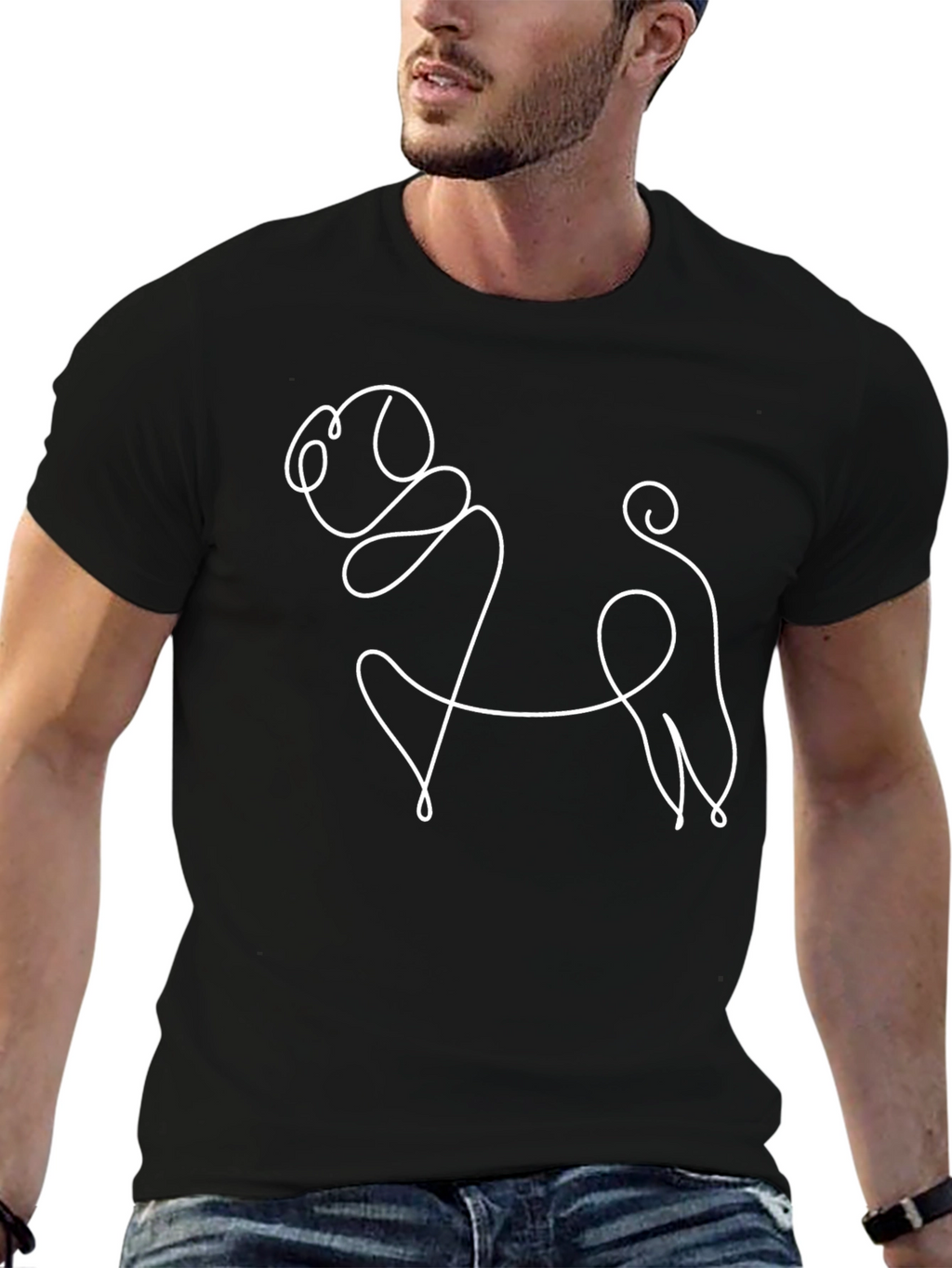 Minimalist Pug Line Art Black T-Shirt
