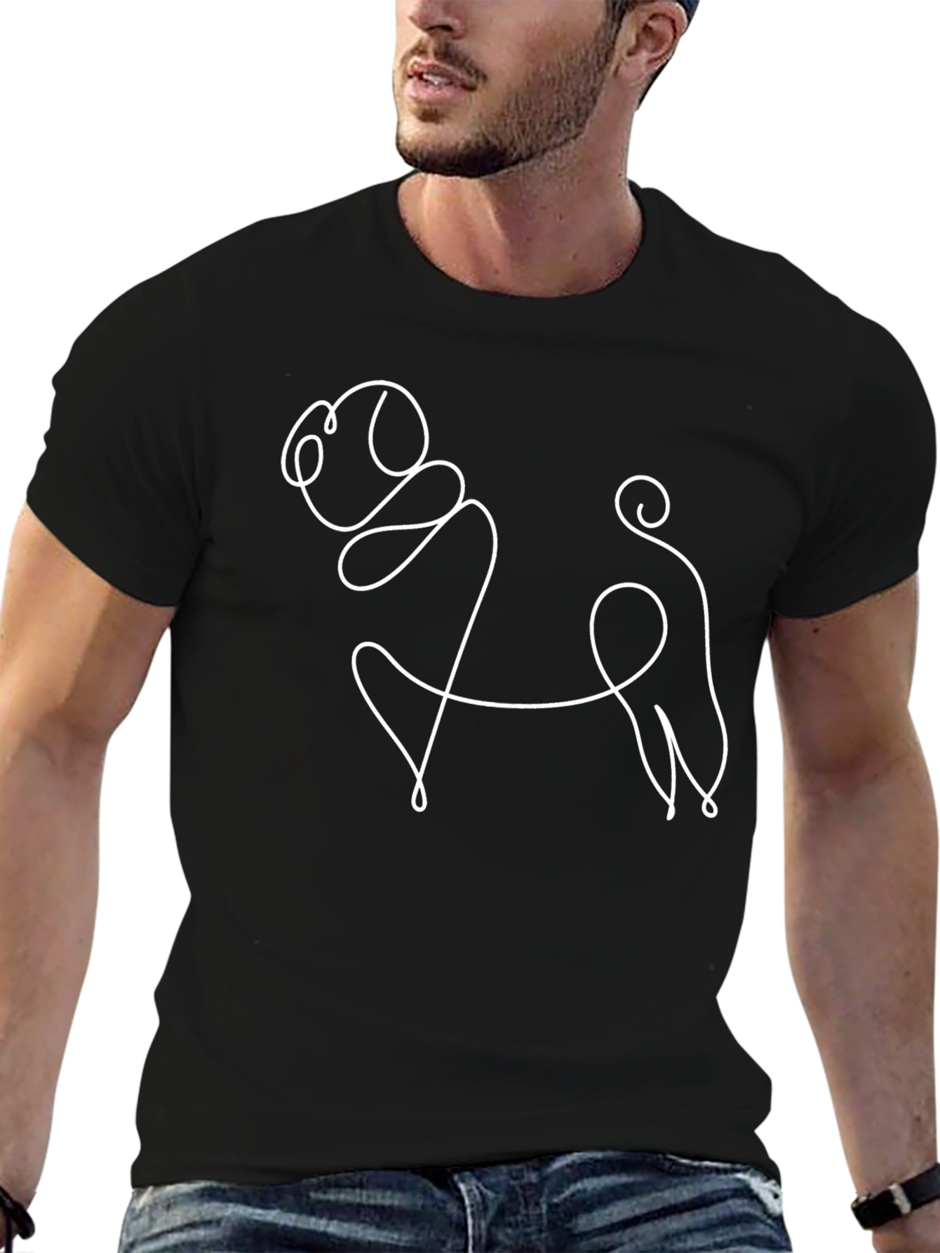 Minimalist Pug Line Art Black T-Shirt
