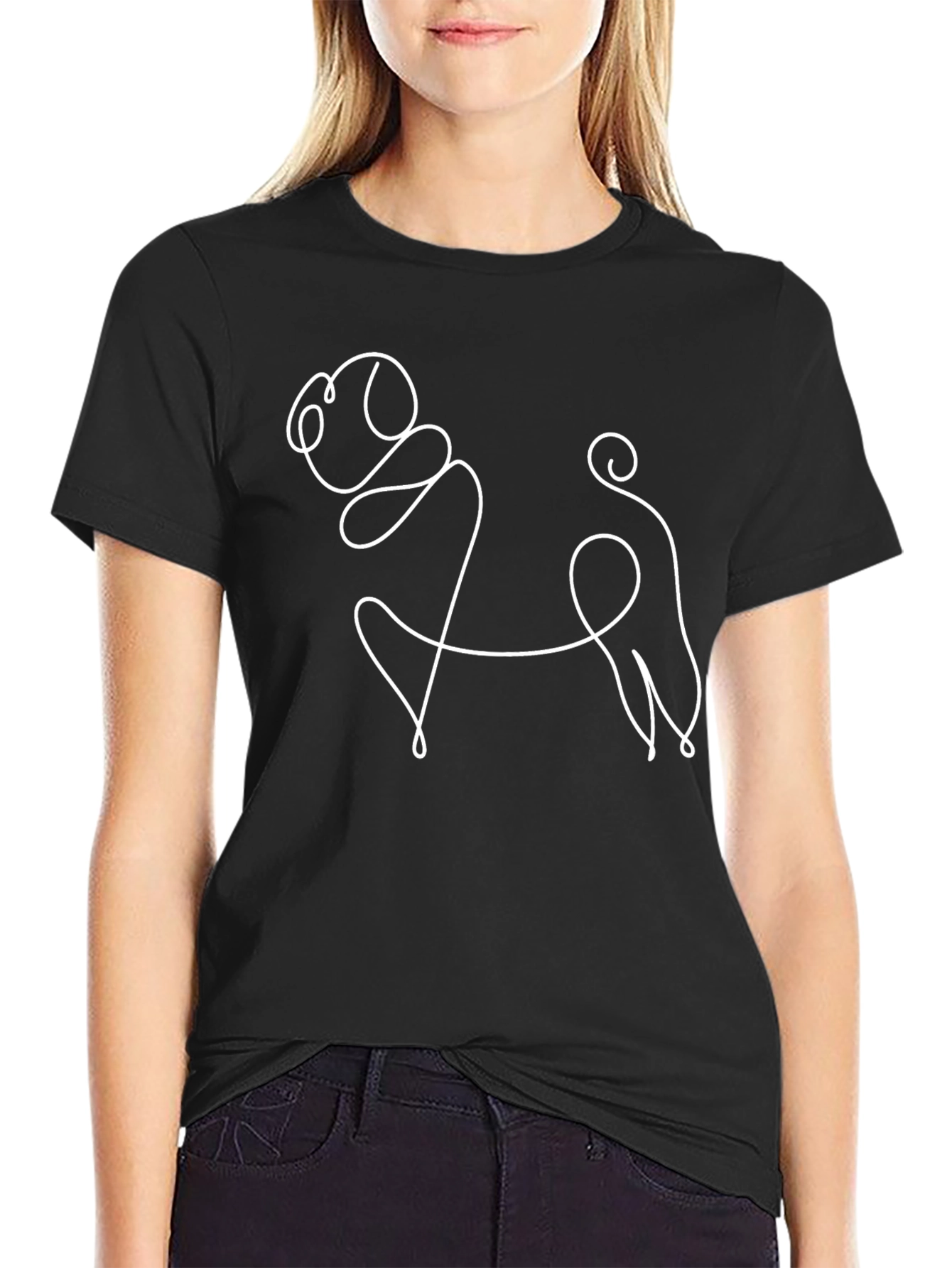 Minimalist Pug Line Art Black T-Shirt