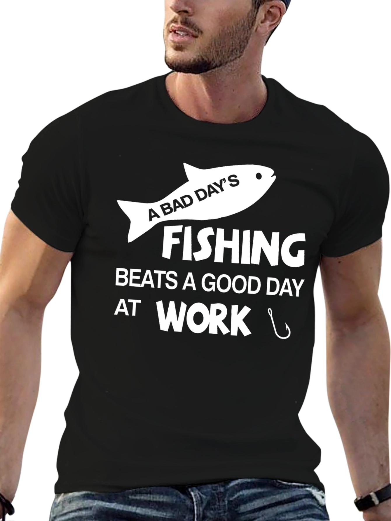Fishing Beats Work Graphic Tee - Mens Black T-Shirt