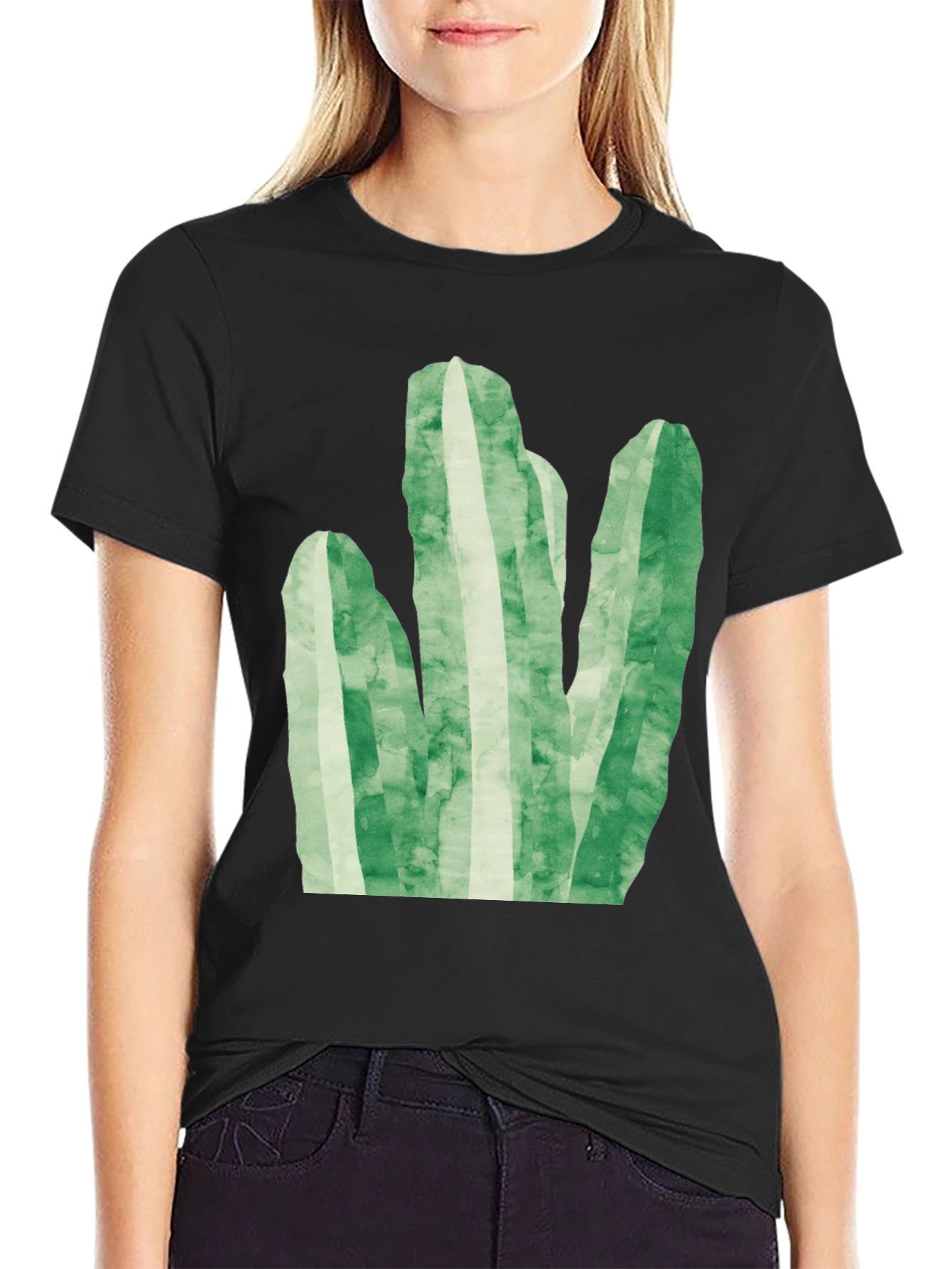Green Cactus Graphic Tee - Trendy Black T-Shirt