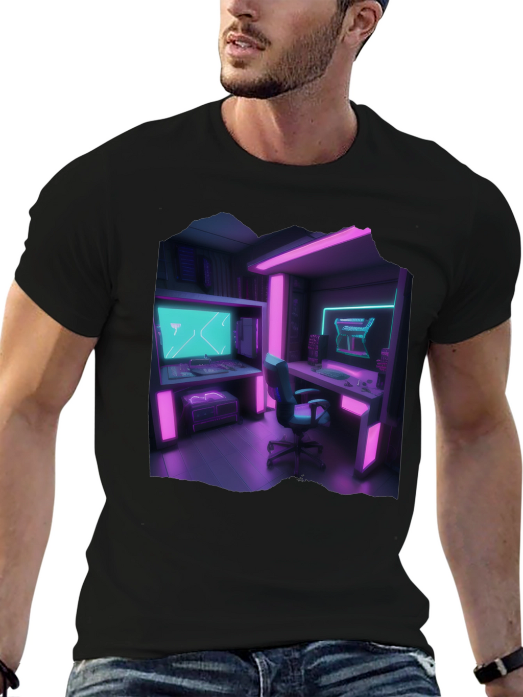 Gamer Room T-Shirt: Neon Cyberpunk Style