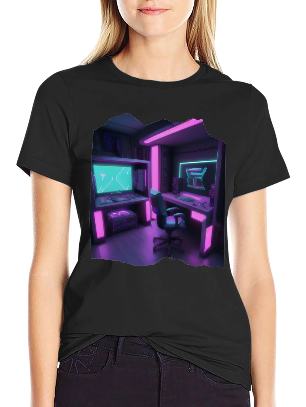 Gamer Room T-Shirt: Neon Cyberpunk Style
