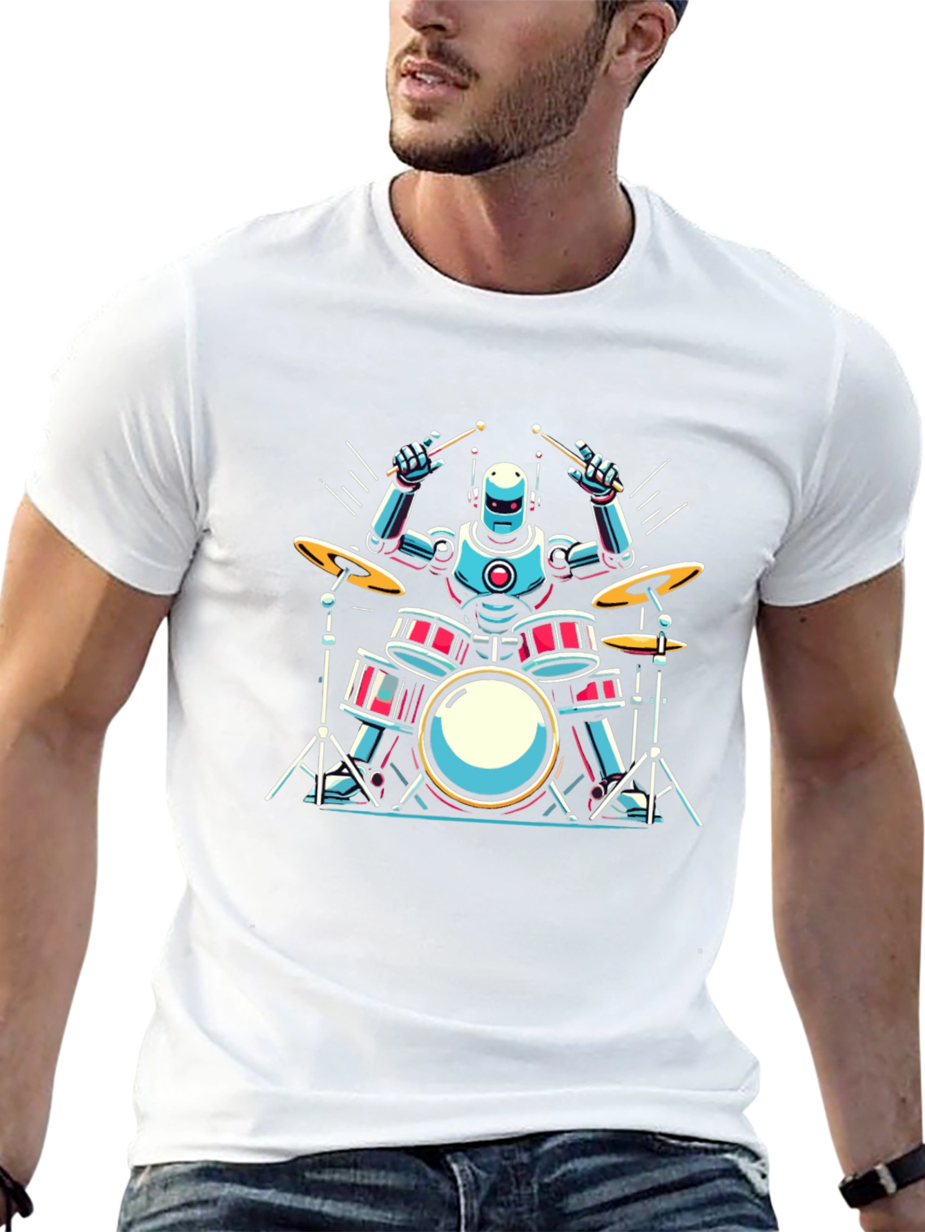 Robot Drummer Graphic Tee - Cool Band Shirt