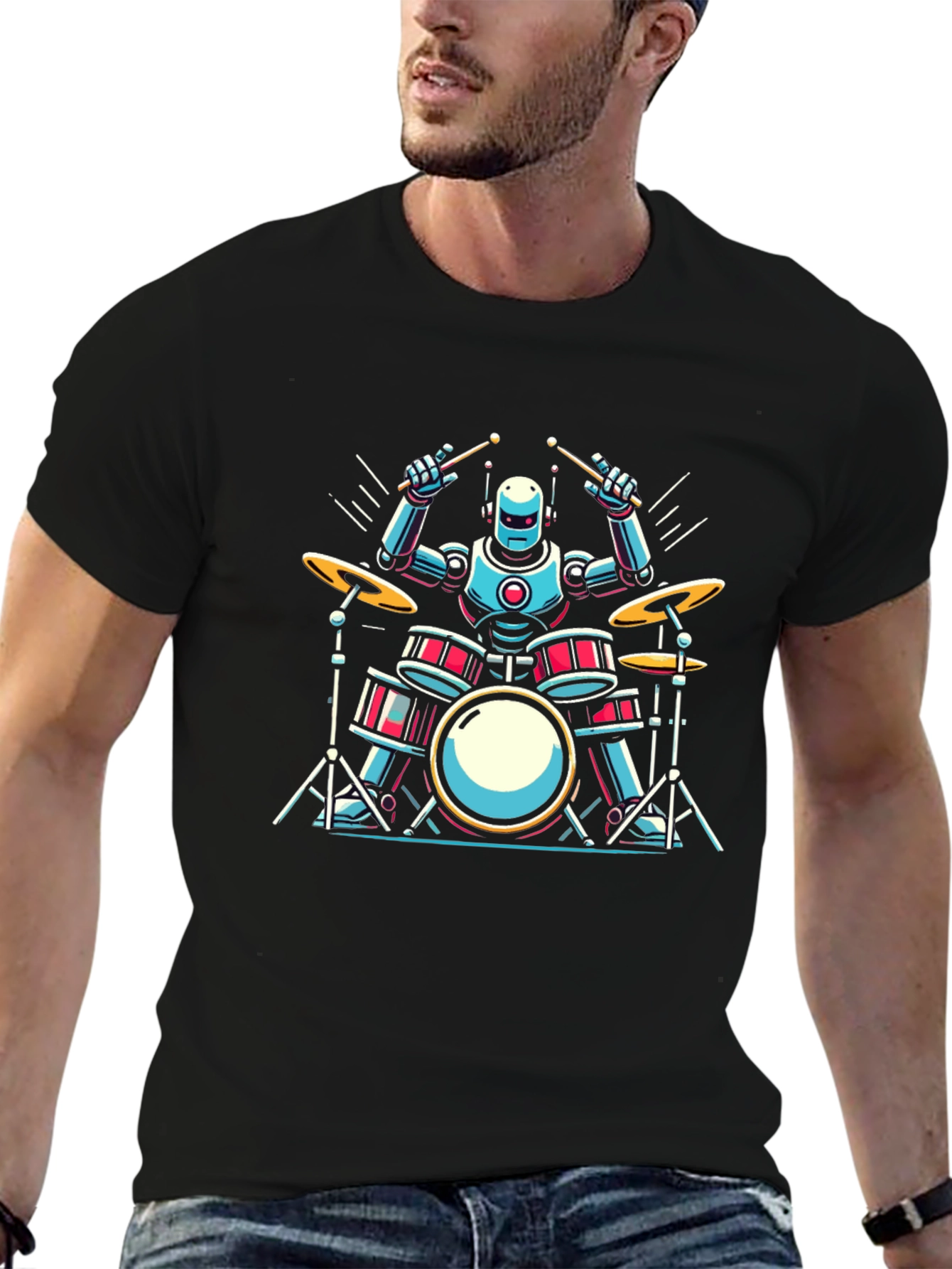 Robot Drummer Graphic Tee - Cool Band Shirt