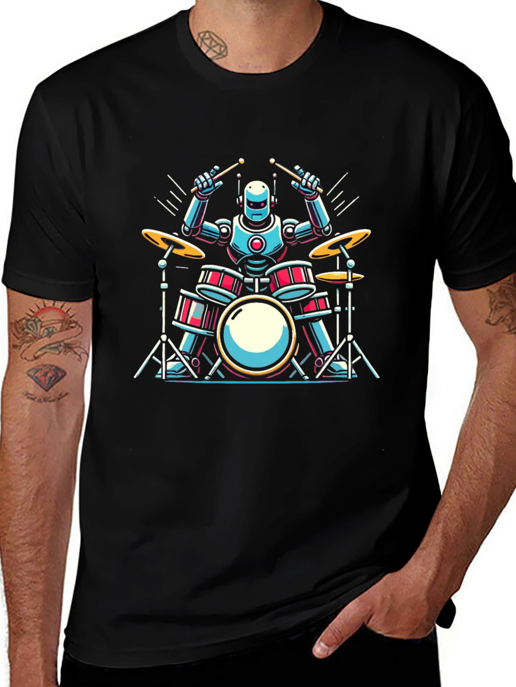Robot Drummer Graphic Tee - Cool Band Shirt