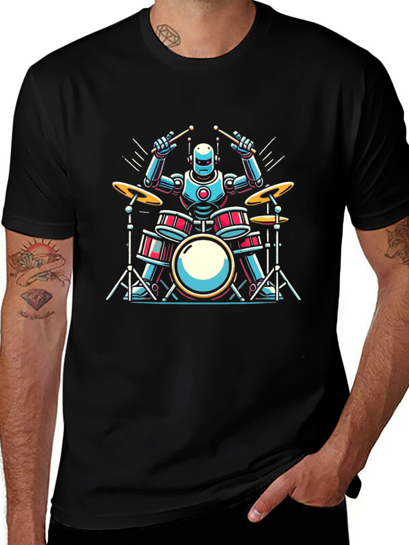 Robot Drummer Graphic Tee - Cool Band Shirt