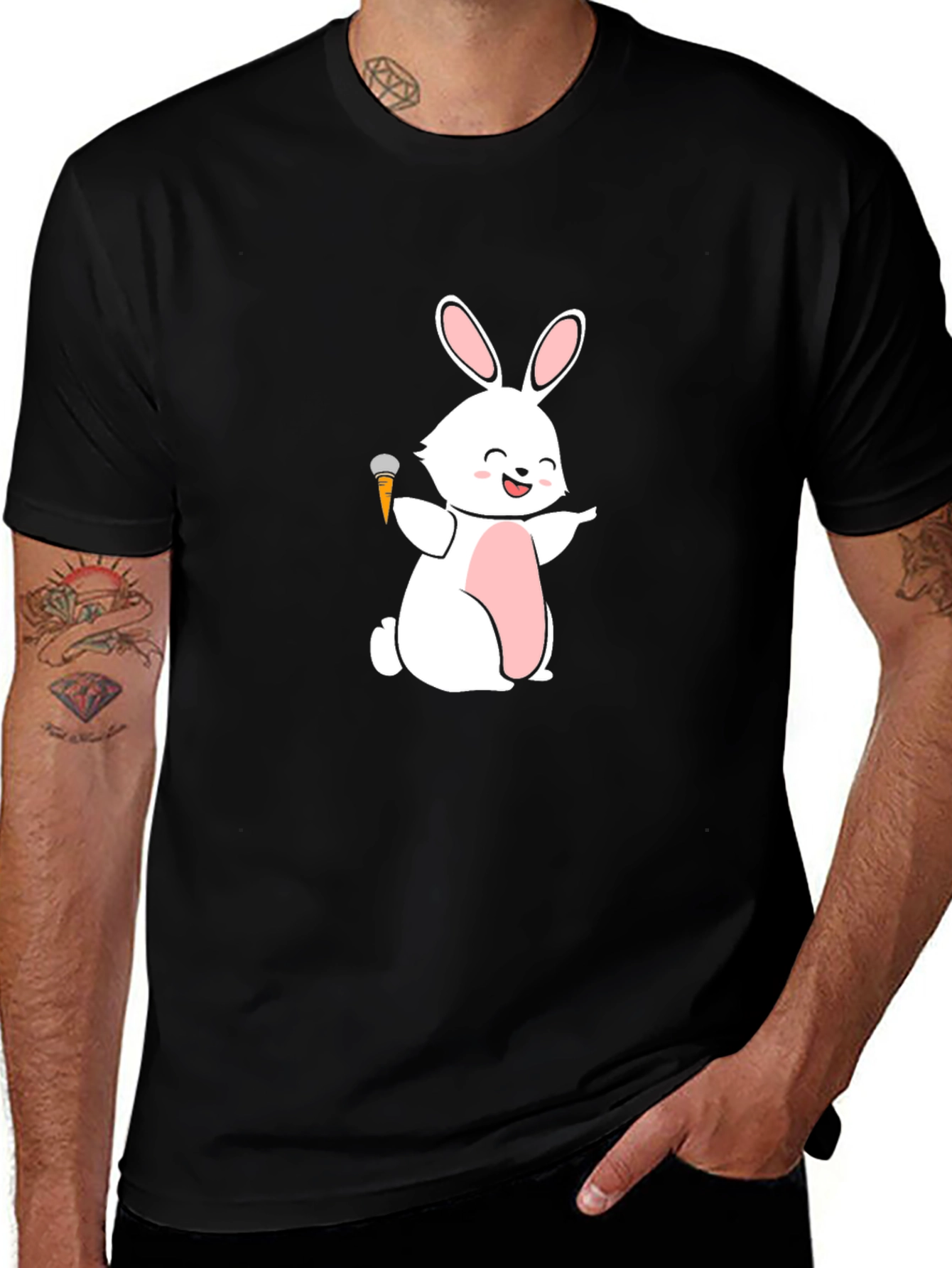 Funny Bunny Carrot Mic Graphic Tee - Black