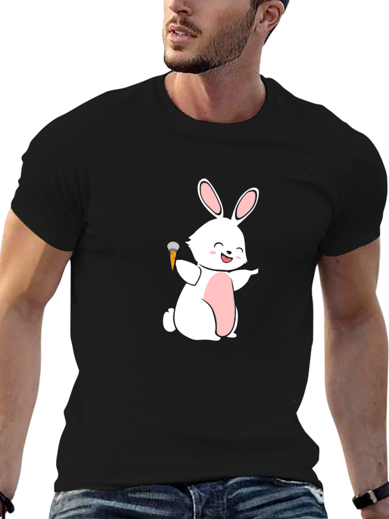 Funny Bunny Carrot Mic Graphic Tee - Black
