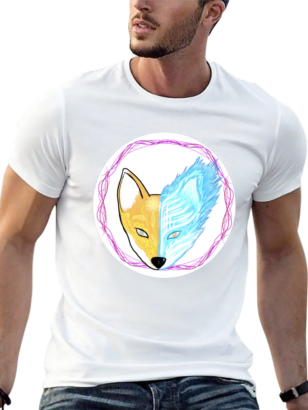 Dual Nature Fox Graphic Tee - Black Cotton Blend
