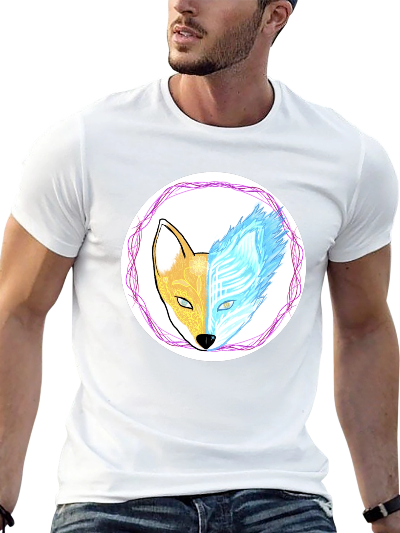 Dual Nature Fox Graphic Tee - Black Cotton Blend