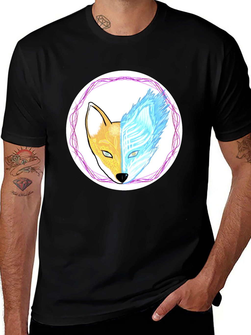 Dual Nature Fox Graphic Tee - Black Cotton Blend