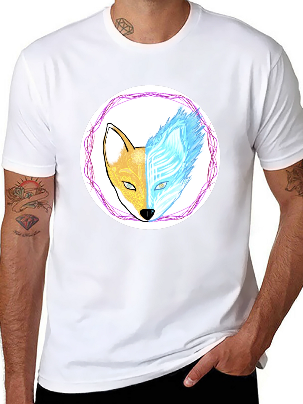 Dual Nature Fox Graphic Tee - Black Cotton Blend