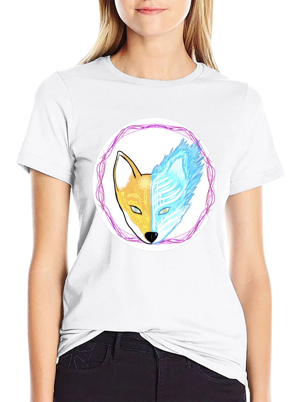 Dual Nature Fox Graphic Tee - Black Cotton Blend