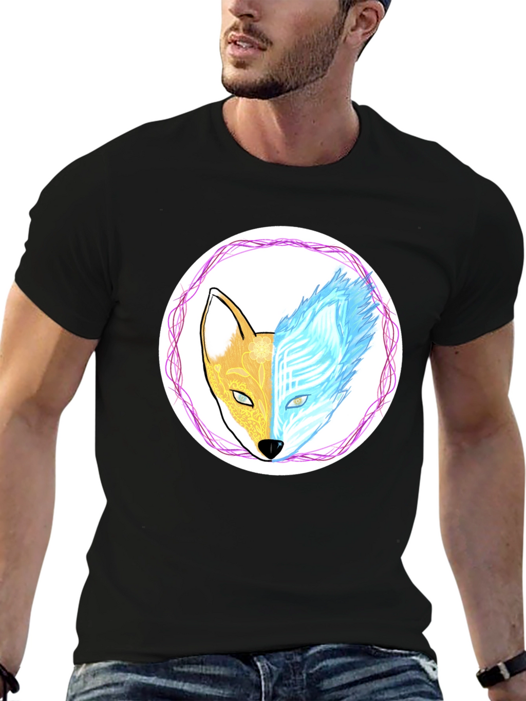 Dual Nature Fox Graphic Tee - Black Cotton Blend