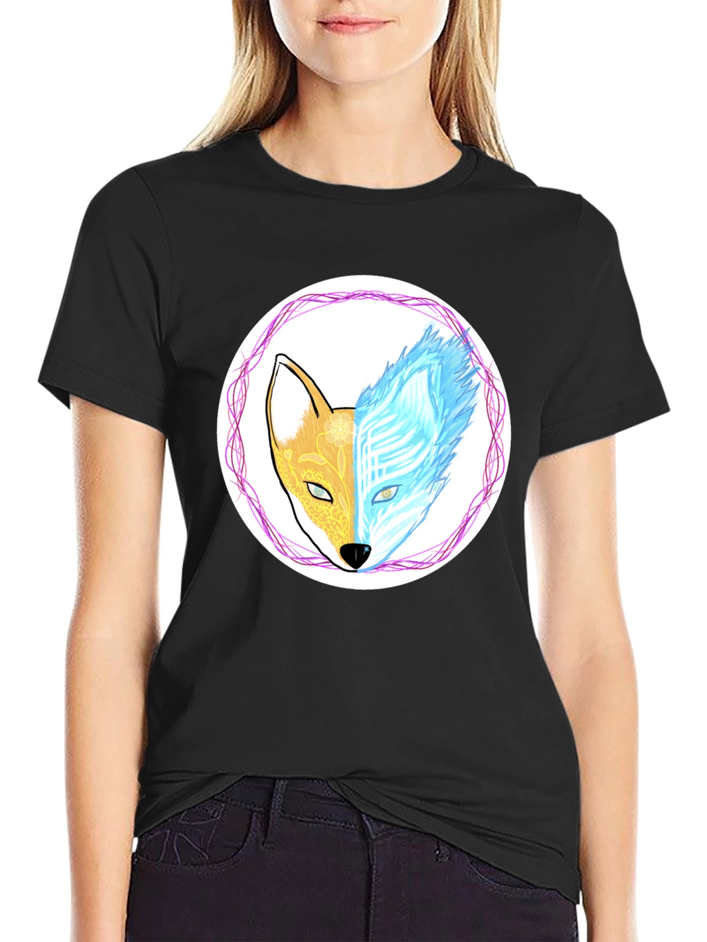 Dual Nature Fox Graphic Tee - Black Cotton Blend