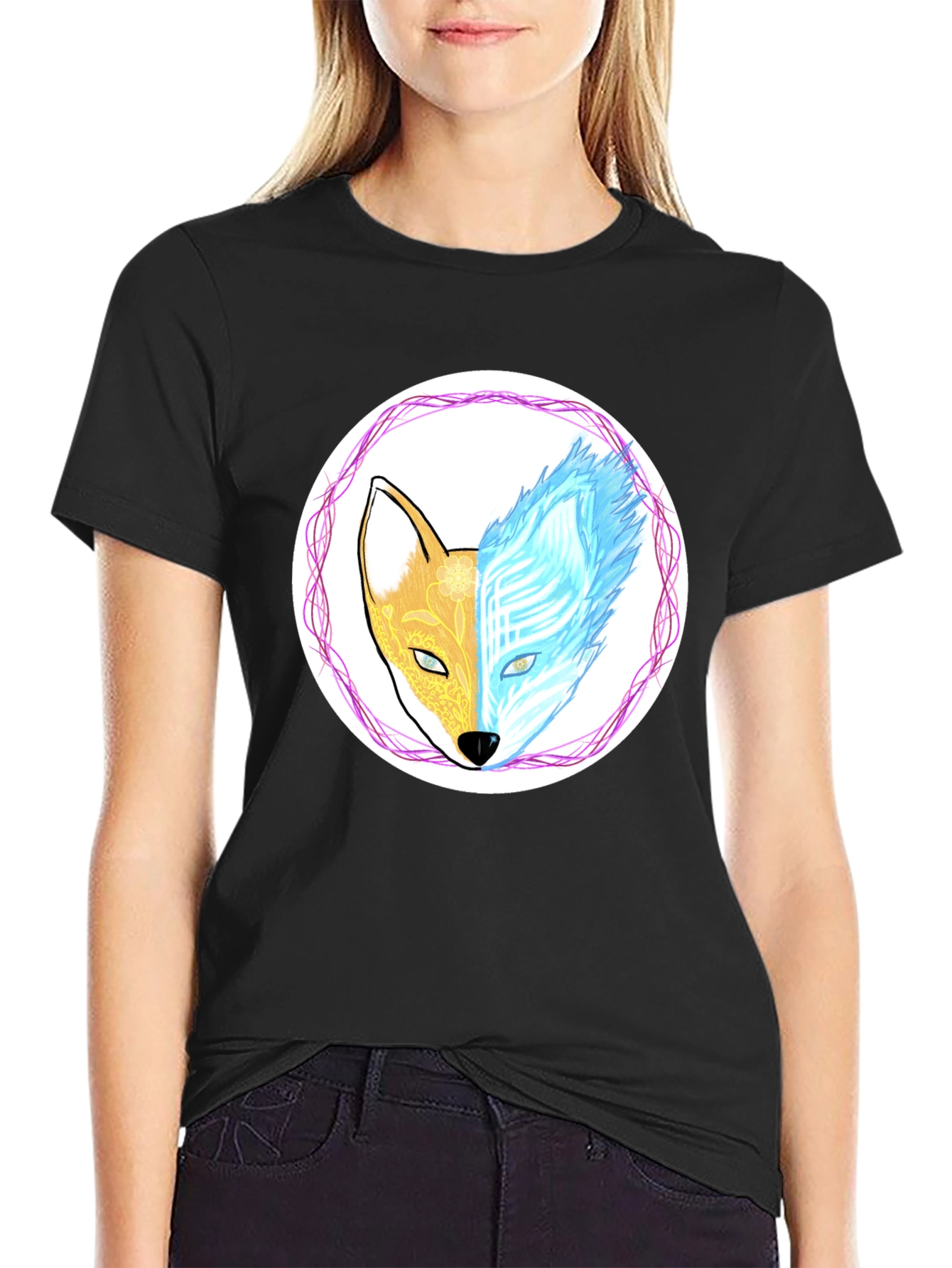 Dual Nature Fox Graphic Tee - Black Cotton Blend
