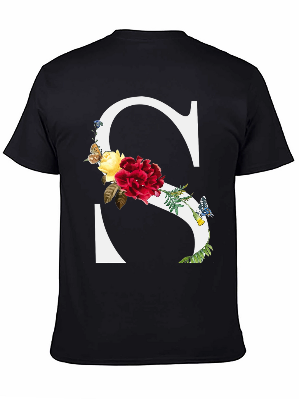 Floral Letter S Black T-Shirt