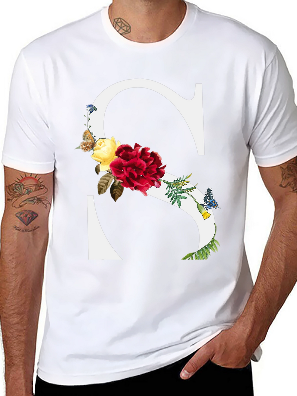 Floral Letter S Black T-Shirt