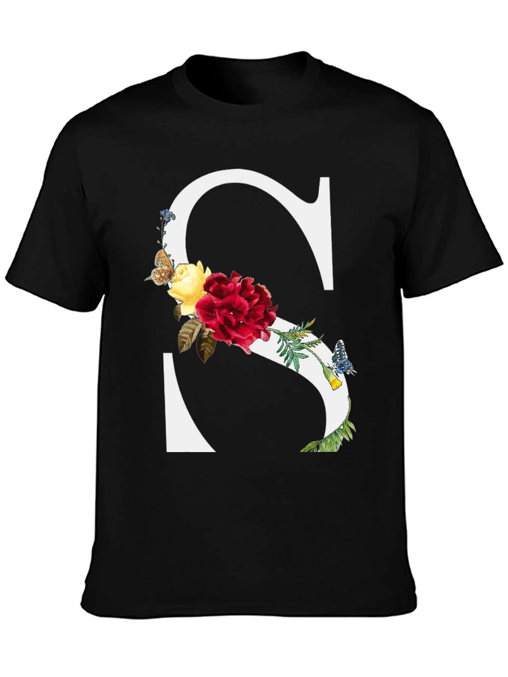 Floral Letter S Black T-Shirt