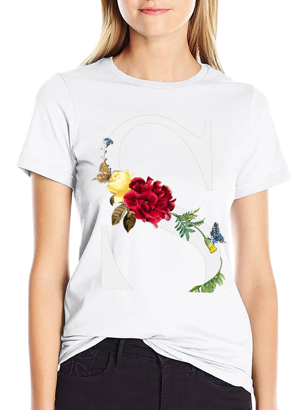 Floral Letter S Black T-Shirt