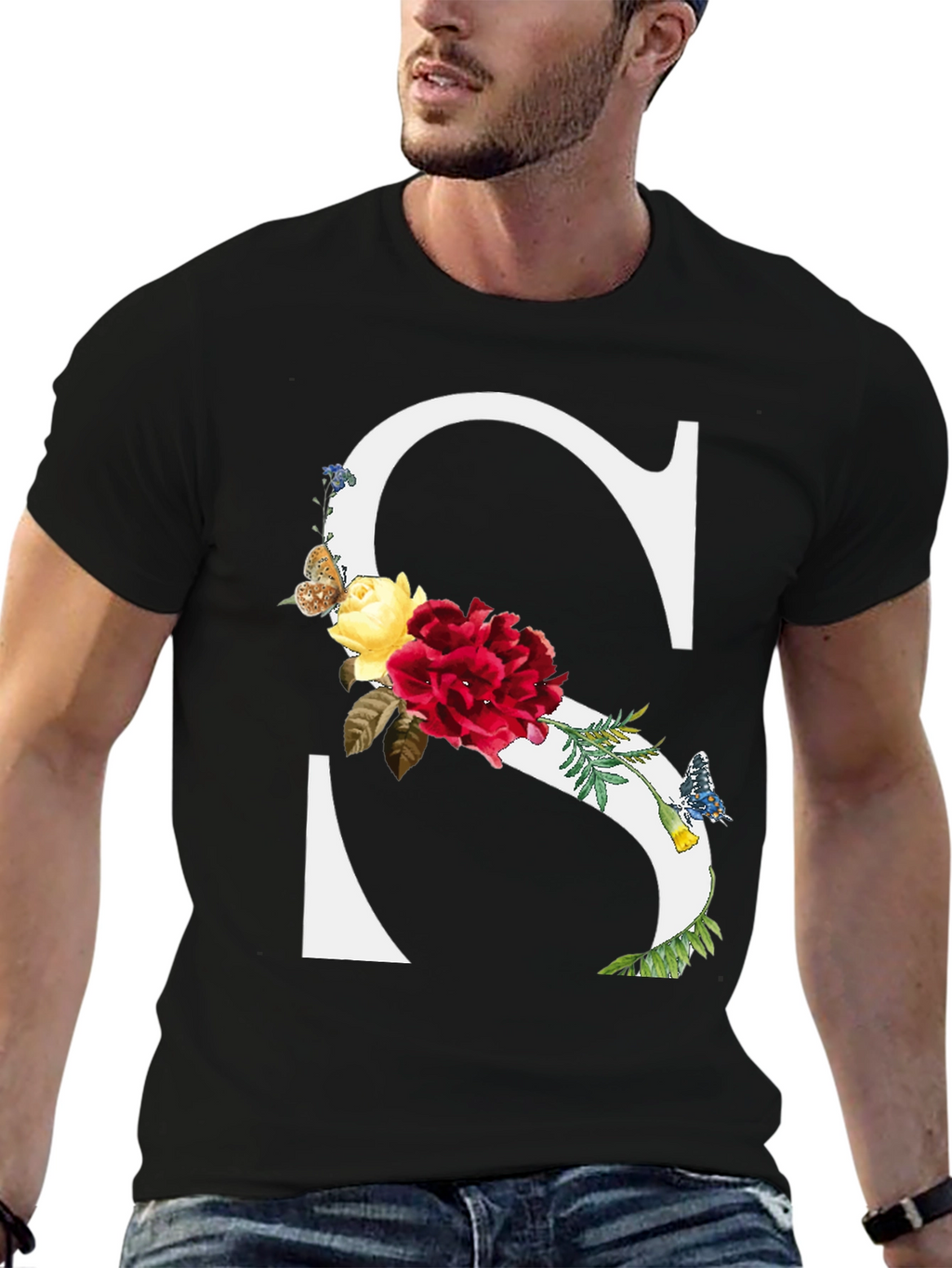 Floral Letter S Black T-Shirt