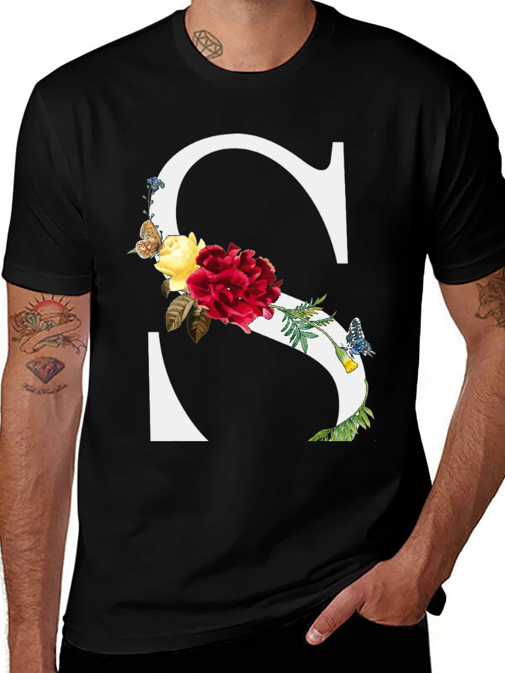 Floral Letter S Black T-Shirt