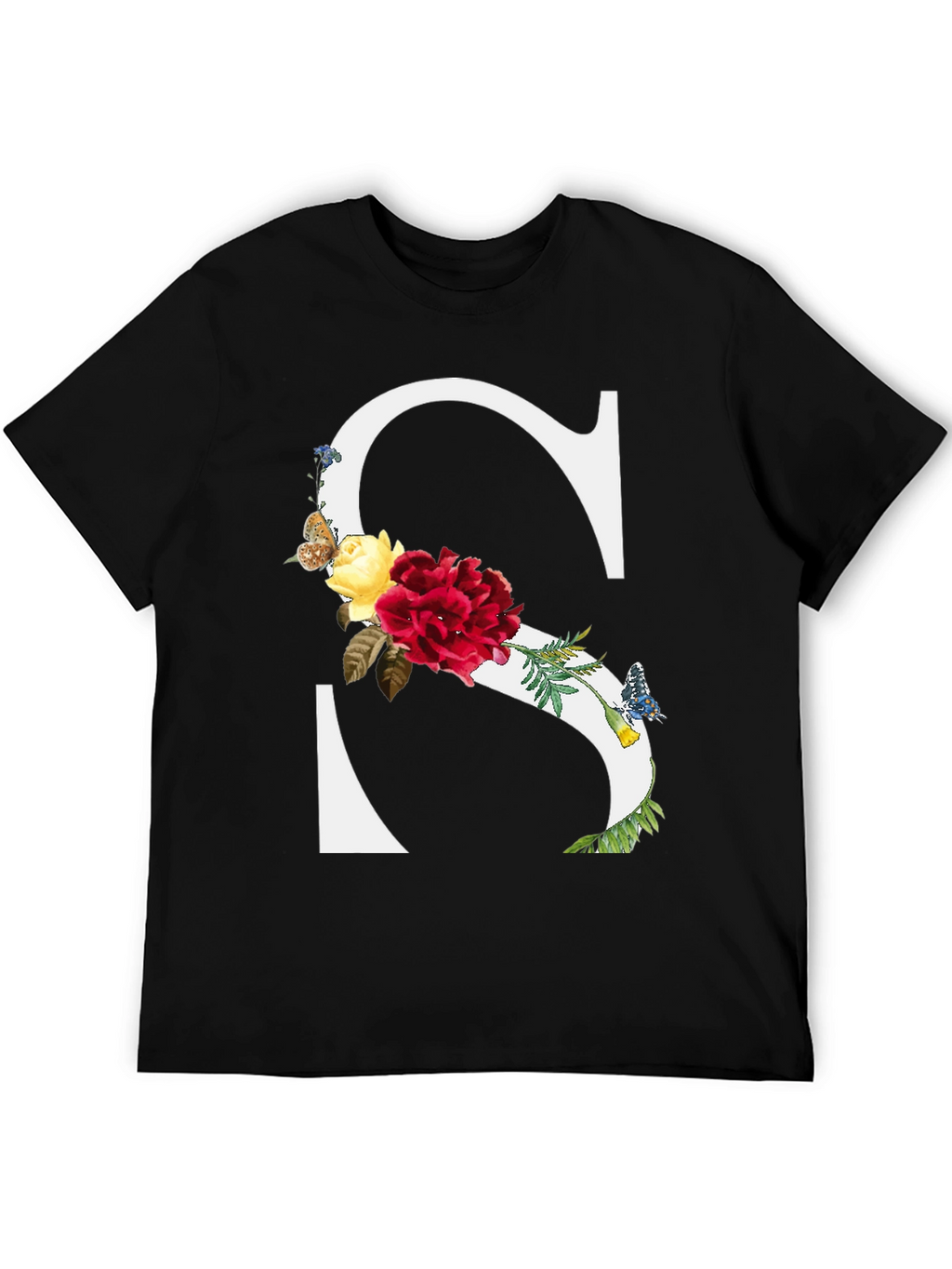 Floral Letter S Black T-Shirt