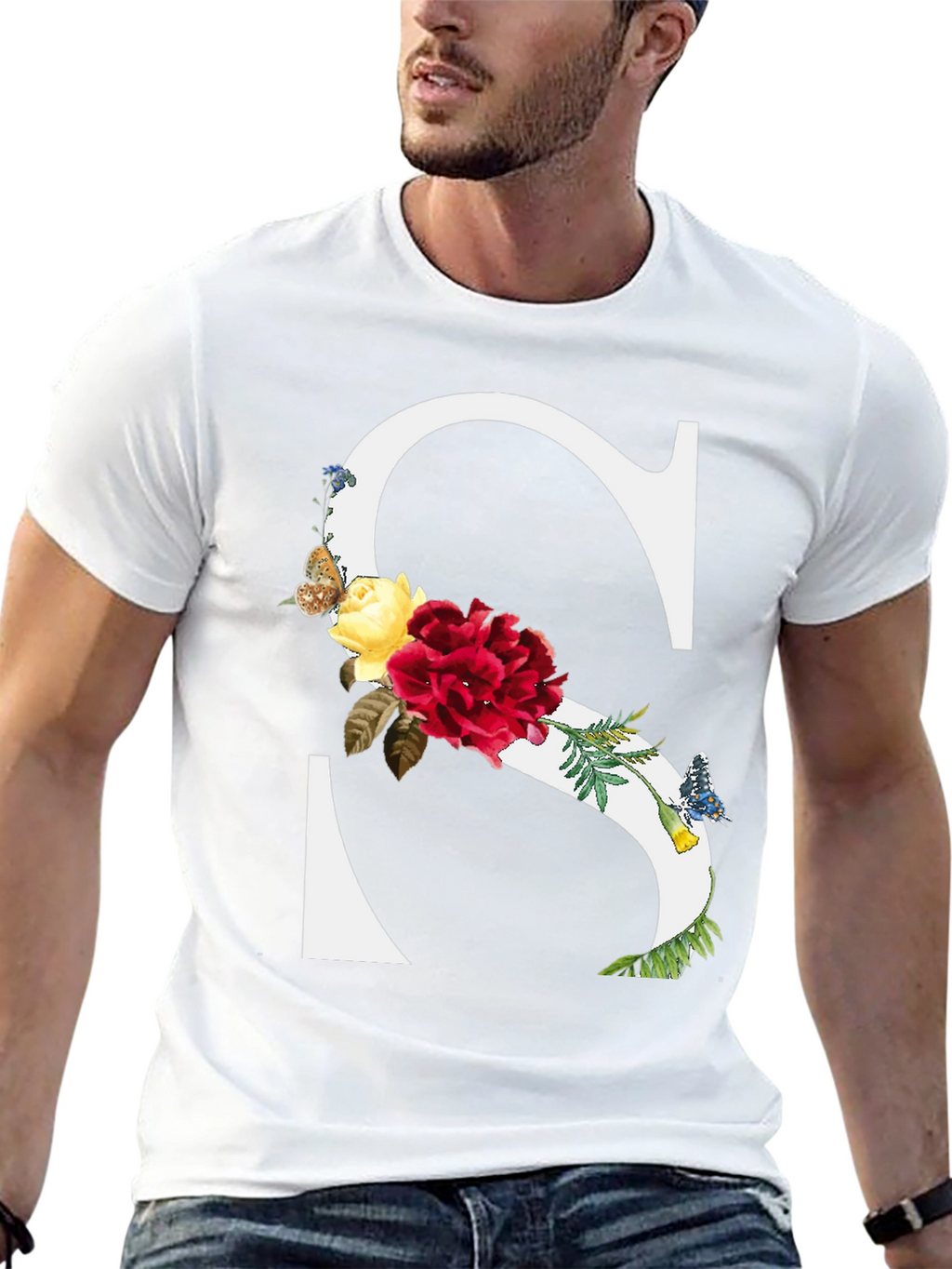 Floral Letter S Black T-Shirt