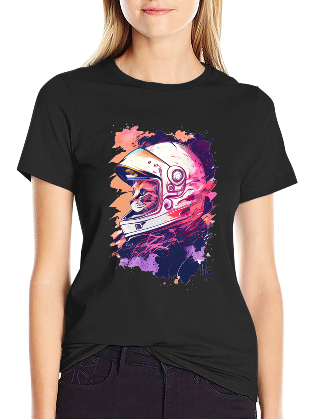Astronaut Cat Graphic Tee - Cool Black T-Shirt