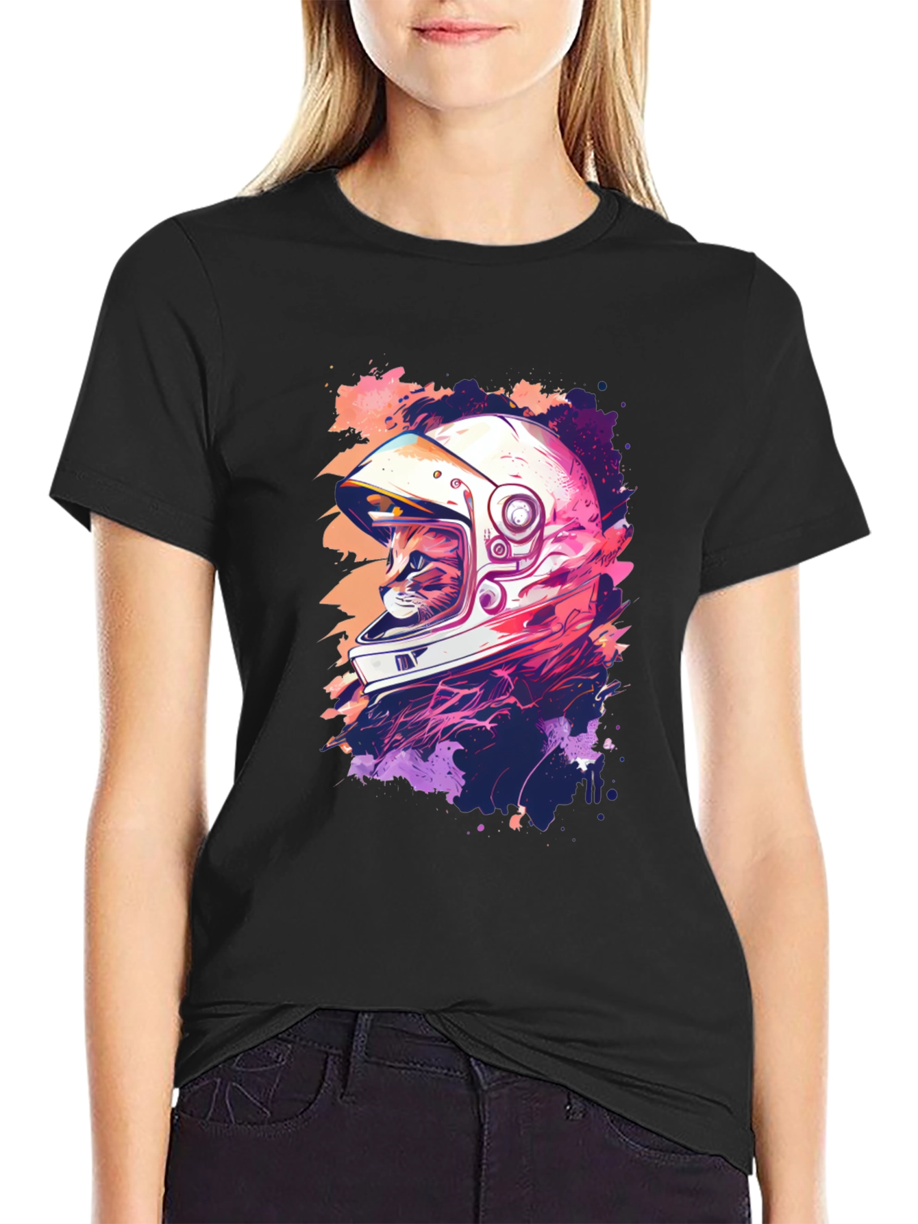 Astronaut Cat Graphic Tee - Cool Black T-Shirt