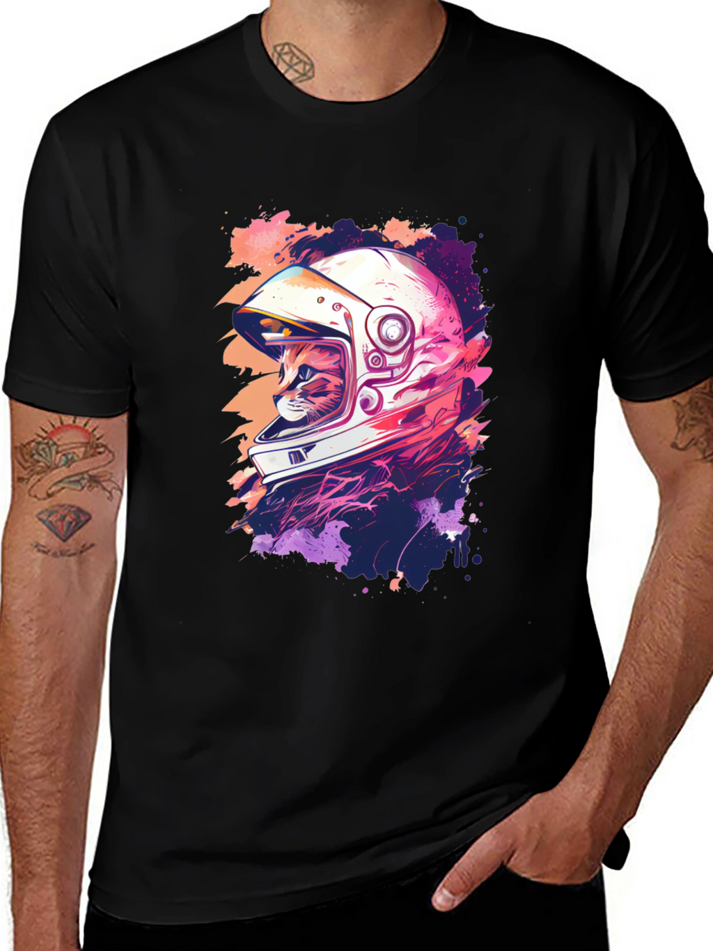 Astronaut Cat Graphic Tee - Cool Black T-Shirt