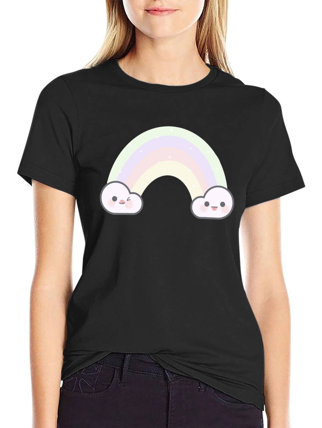 Cute Rainbow Cloud Graphic Tee - Black
